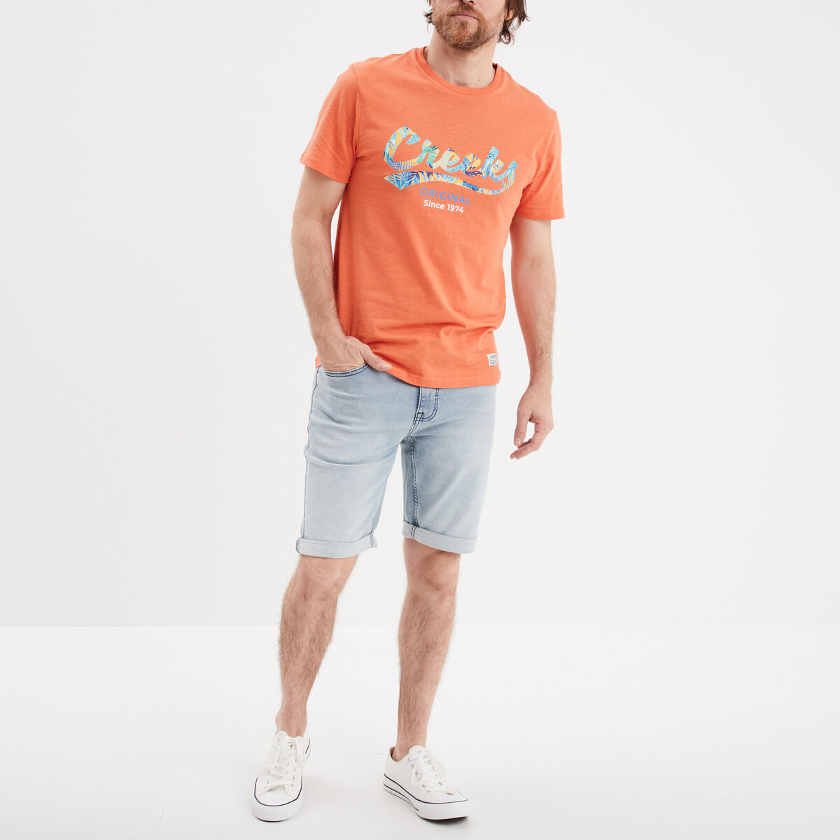 Bermuda droit &agrave; coulisse en jean denim bleach homme