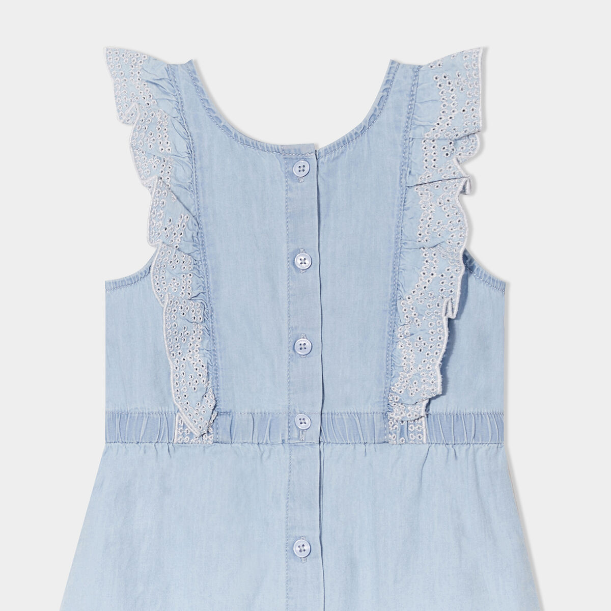 Combishort en jean volants brod&eacute;s Creeks denim bleach b&eacute;b&eacute; fille