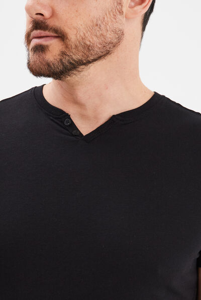T-shirt manches courtes col tunisien noir homme