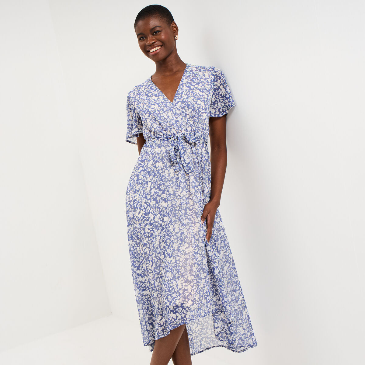 Robe longue &eacute;vas&eacute;e col cache-coeur bleu femme