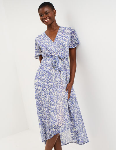 Robe longue &eacute;vas&eacute;e col cache-coeur bleu femme