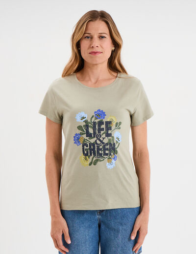 T-shirt ajusté col rond coton Creeks vert kaki femme