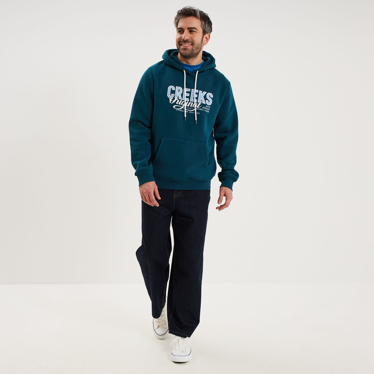 Sweat hoodie 1 poche et capuche bleu canard homme