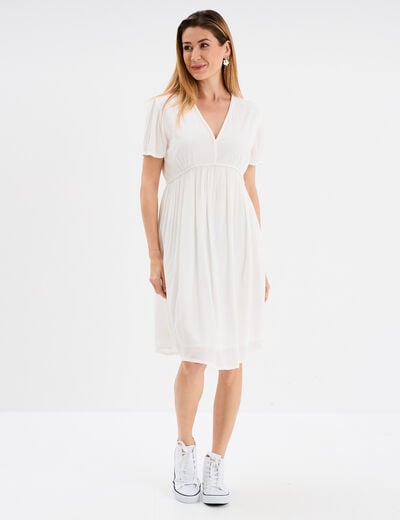 Robe col en V détails tressés blanc femme