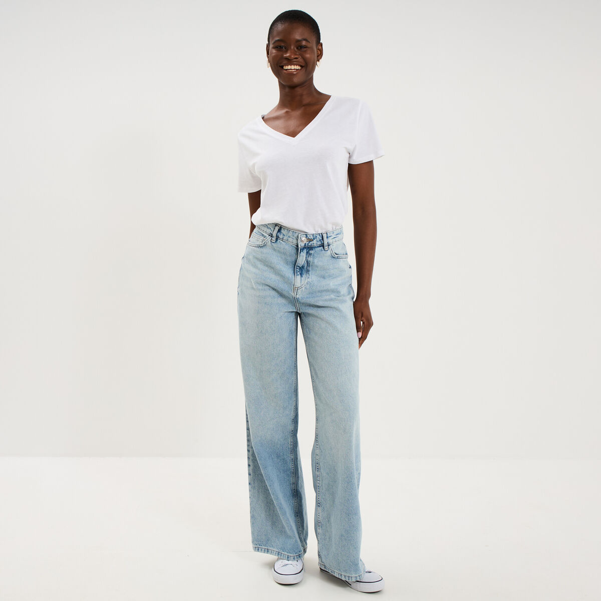 Jean large taille haute coton denim double stone femme
