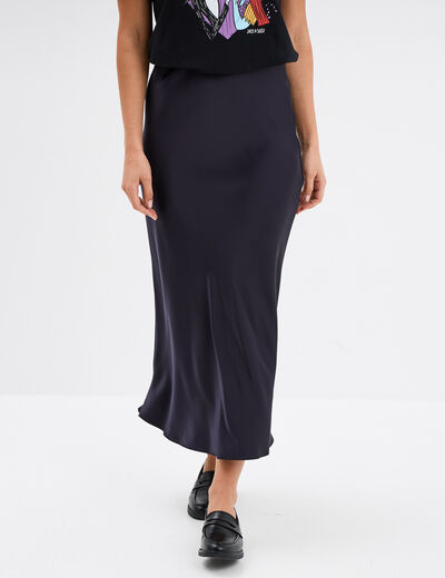 Jupe effet satin midi évasée bleu marine femme