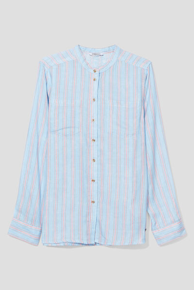 Chemise manches longues col mao bleu clair femme