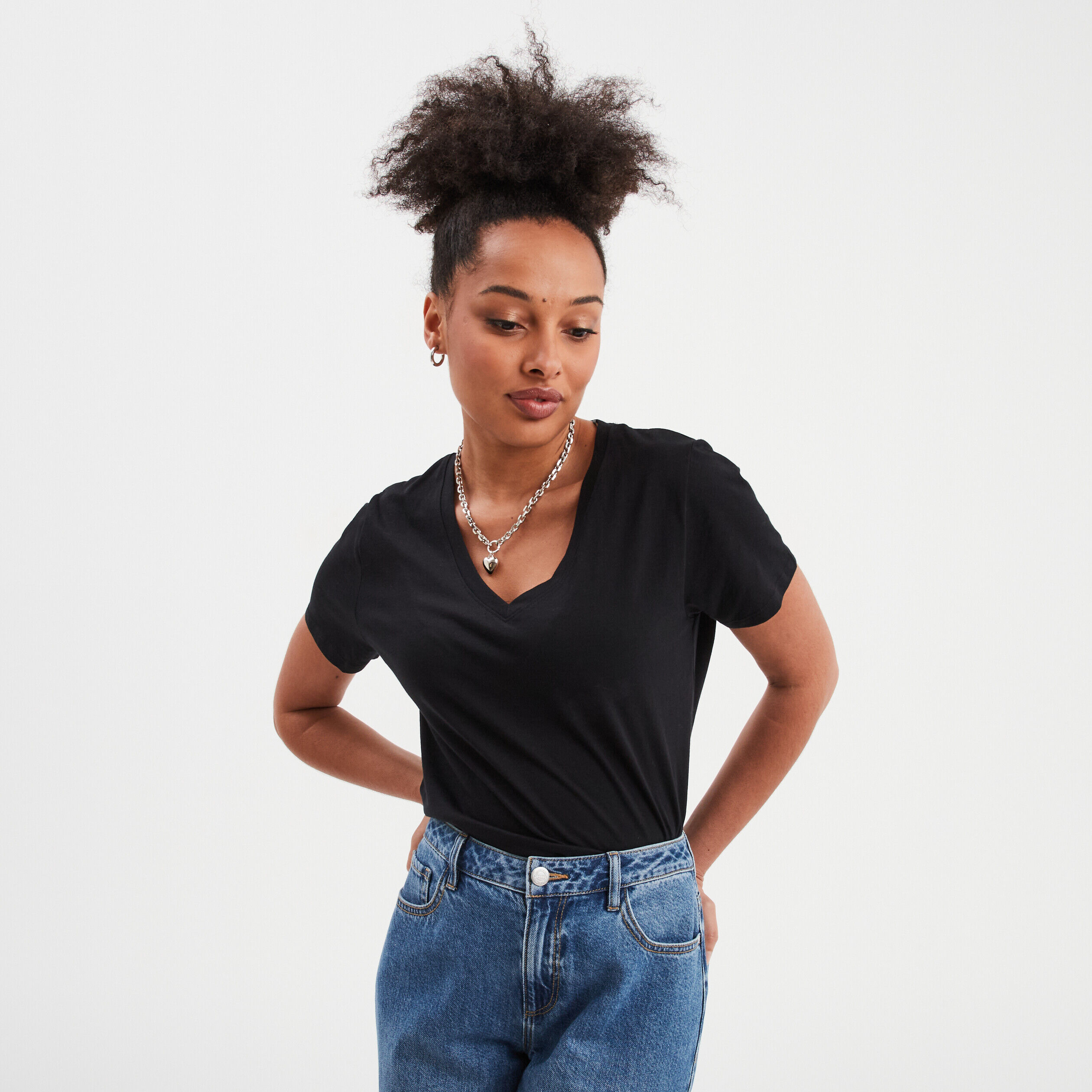 T-shirt manches courtes col en V coton noir femme LH