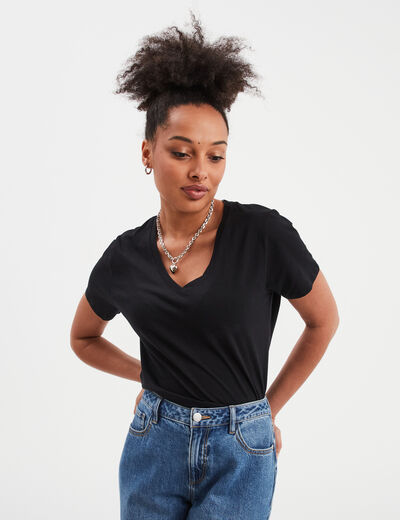 T-shirt manches courtes col en V coton noir femme