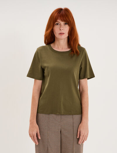 T-shirt col rond manches courtes coton vert kaki femme