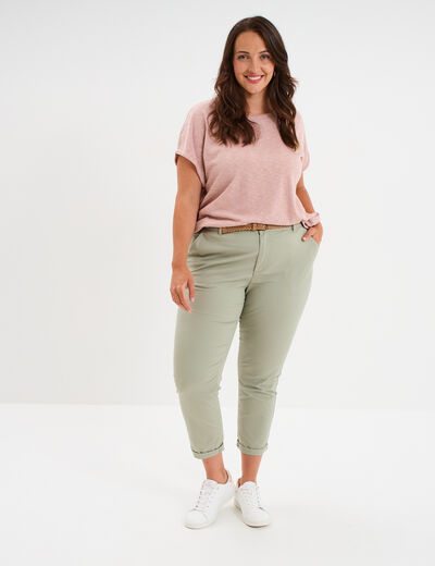 Pantalon chino cigarette ceinturé coton vert kaki femme grande taille