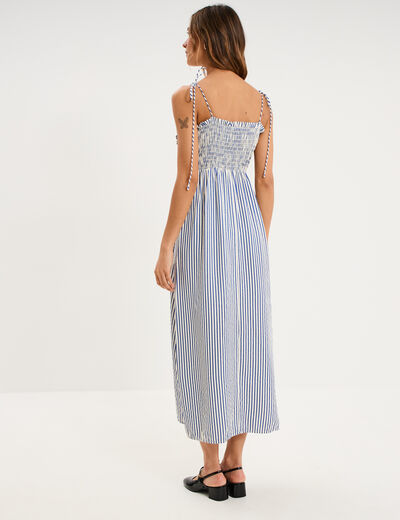 Robe longue &agrave; bretelles et haut smock&eacute; bleu femme