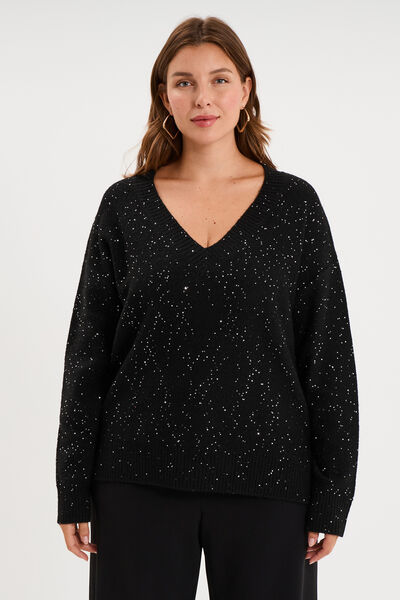 Pull droit sequins col V manches longues noir femme grande taille