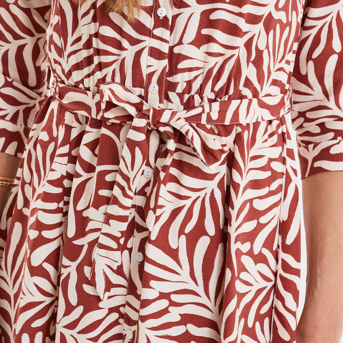 Robe col chemise ceinturée manches 3/4 terracotta femme