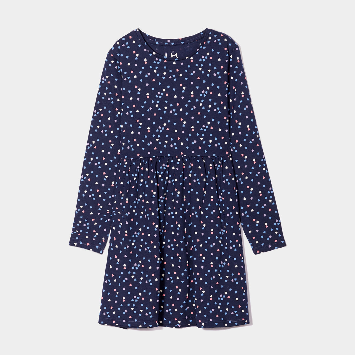 Robe trapèze manches longues coton bleu marine fille