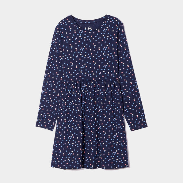 Robe trapèze manches longues coton bleu marine fille