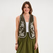 Gilet sans manches brod&eacute; gaze de coton vert kaki femme