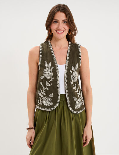 Gilet sans manches brod&eacute; gaze de coton vert kaki femme
