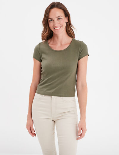 T-shirt manches courtes côtelé vert kaki femme