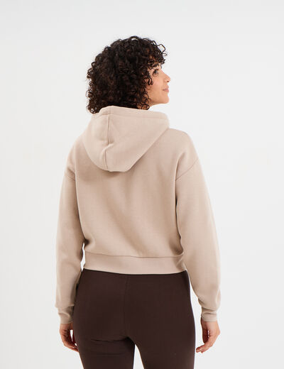 Sweat zippé à capuche court sable femme