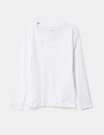 T-shirt manches longues col en V coton blanc femme