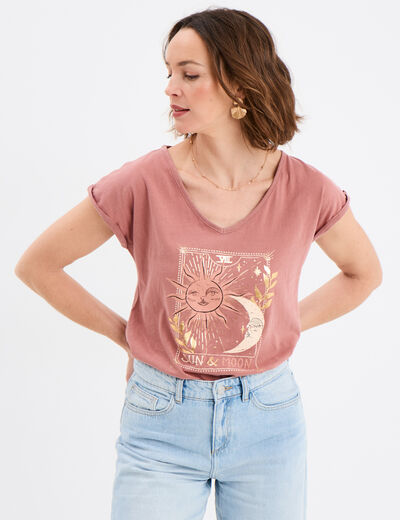 T-shirt coton col en V manches courtes vert clair femme