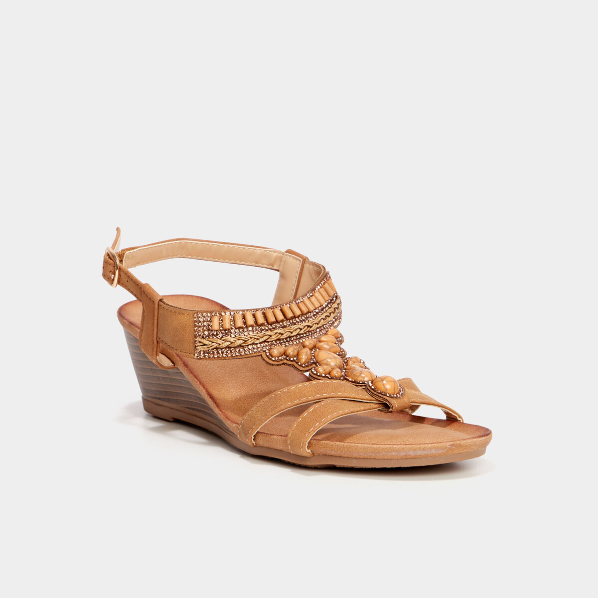 Sandales compens&eacute;es d&eacute;tails bijoux marron femme