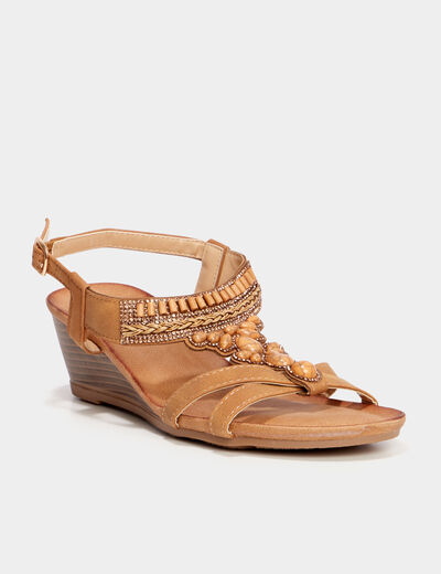 Sandales compens&eacute;es d&eacute;tails bijoux marron femme