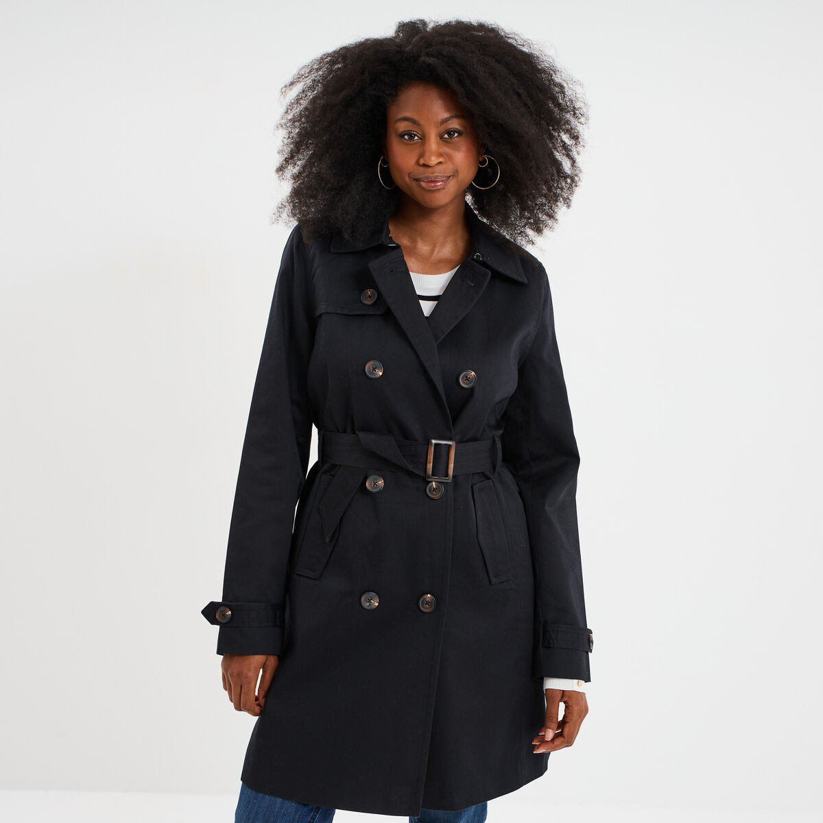Trench mi-long ceintur&eacute; noir femme