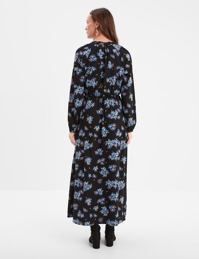Robe longue col tunisien manches longues noir femme