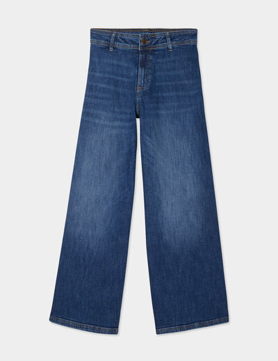 Jeans flare 7/8&egrave;me taille haute coton denim double stone femme