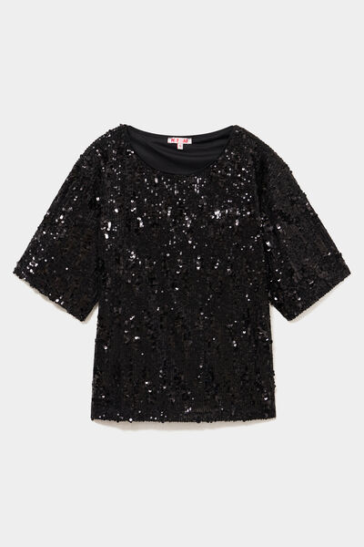 T-shirt &agrave; sequins manches courtes noir femme