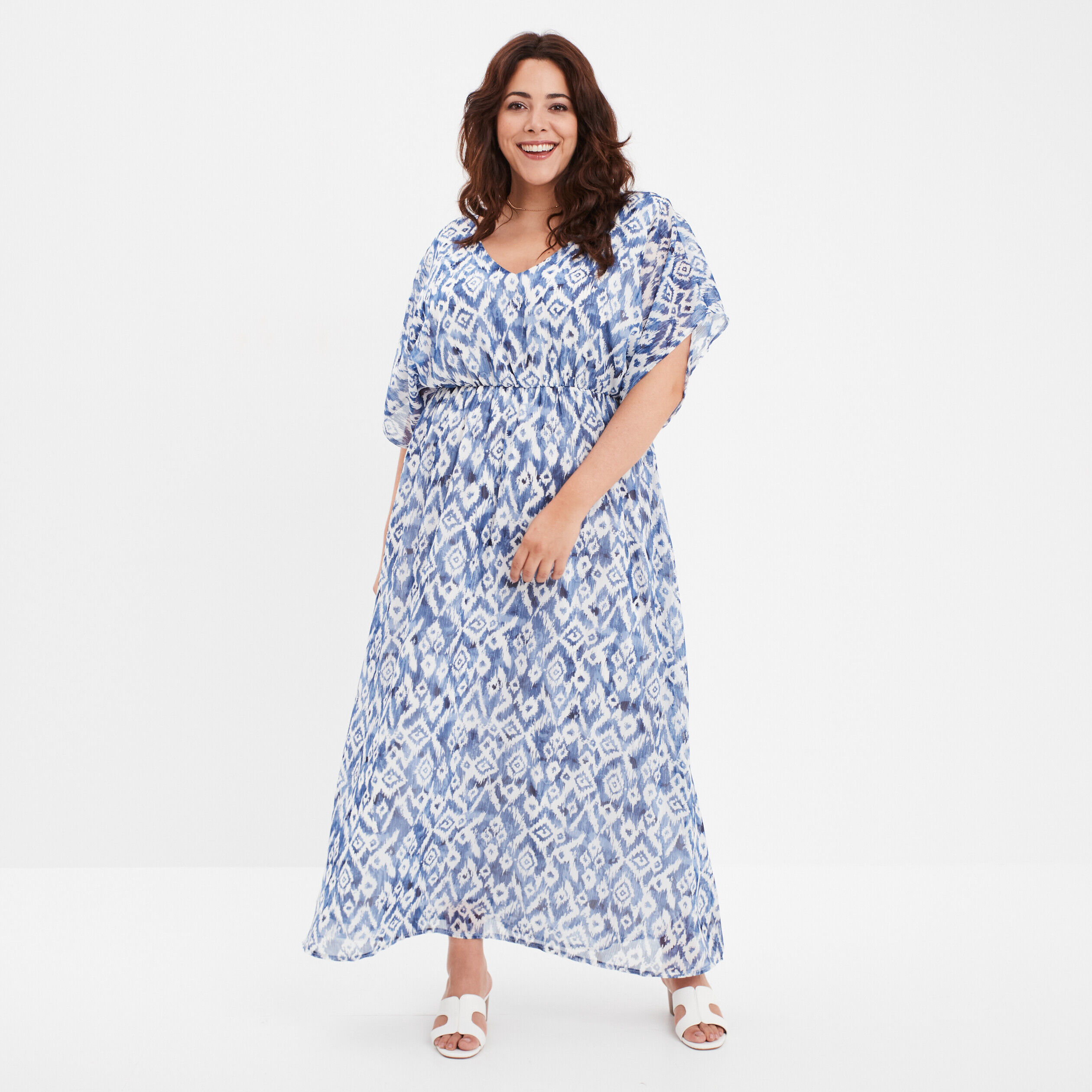 Robe longue évasée dos en V bleu electrique femme grande taille MODAVISTA