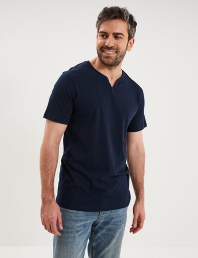 T-shirt manches courtes col tunisien bleu marine homme