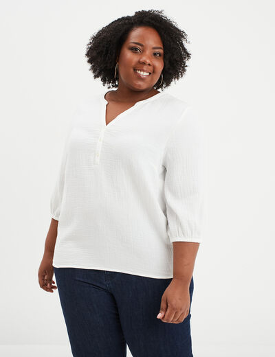 Blouse col tunisien manches 3/4 coton blanc femme grande taille