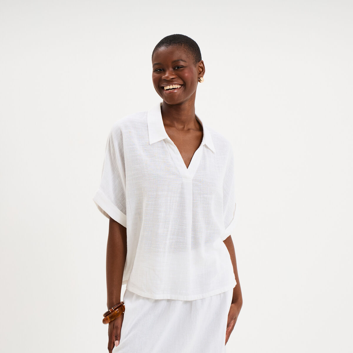 Blouse col chemise oversize coton blanc femme