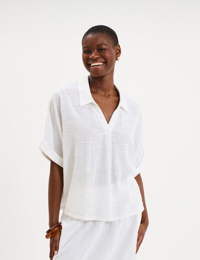 Blouse col chemise oversize coton blanc femme