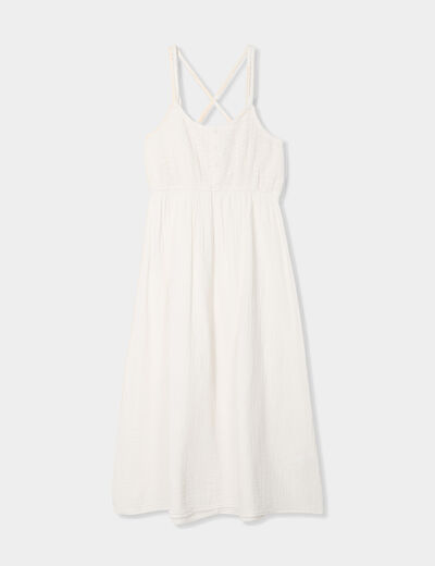 Robe midi buste macramé en gaze de coton creme femme