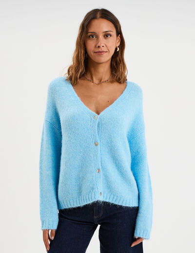 Gilet col en V manches longues bleu clair femme