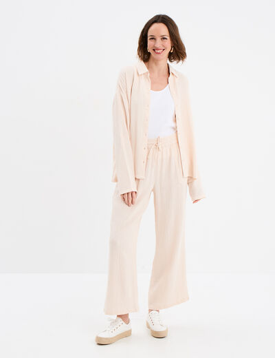 Chemise manches longues en gaze de coton beige femme