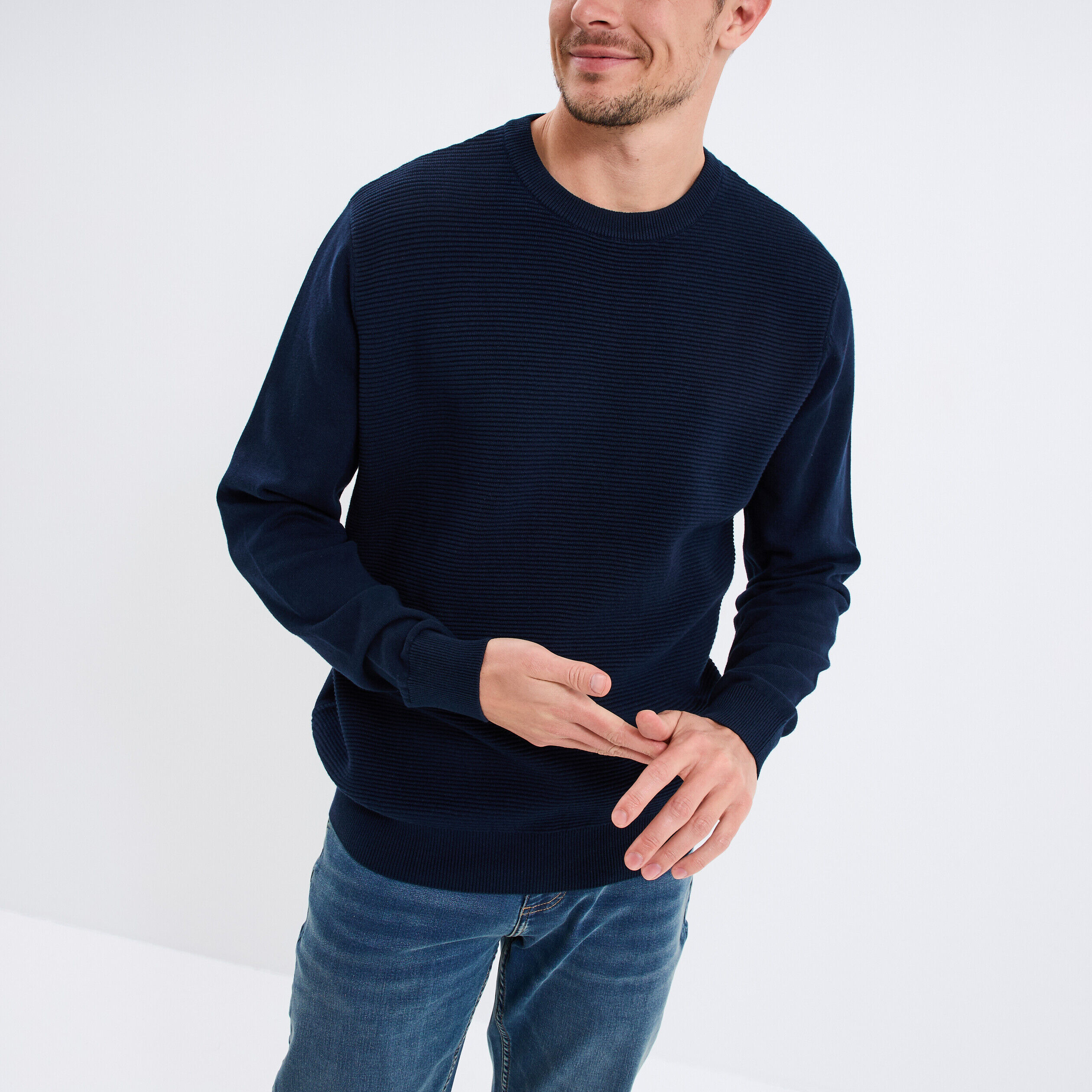 Pull col rond coton manches longues bleu marine homme LH