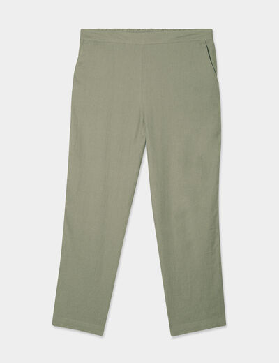 Pantalon chino droit en lin mélangé vert kaki femme grande taille
