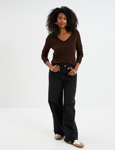 Pull col en V manches longues marron foncé femme