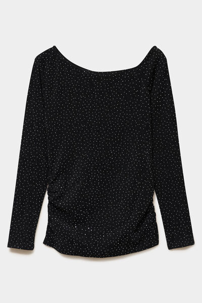 T-shirt cintr&eacute; &agrave; clous col asym&eacute;trique noir femme