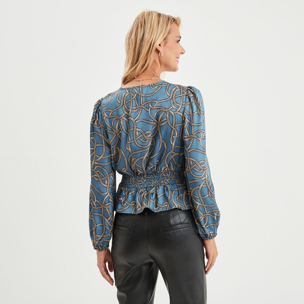 Blouse satin cintrée Mosquitos bleu pétrole femme