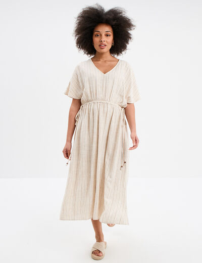 Robe midi cordons taille évasée beige femme