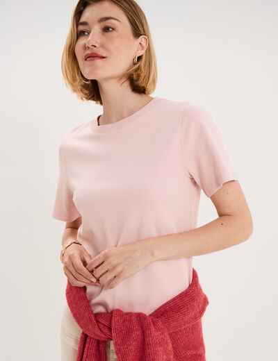 T-shirt col rond manches courtes coton rose pastel femme