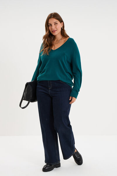 Pull fin col en V manches longues vert fonc&eacute; femme grande taille