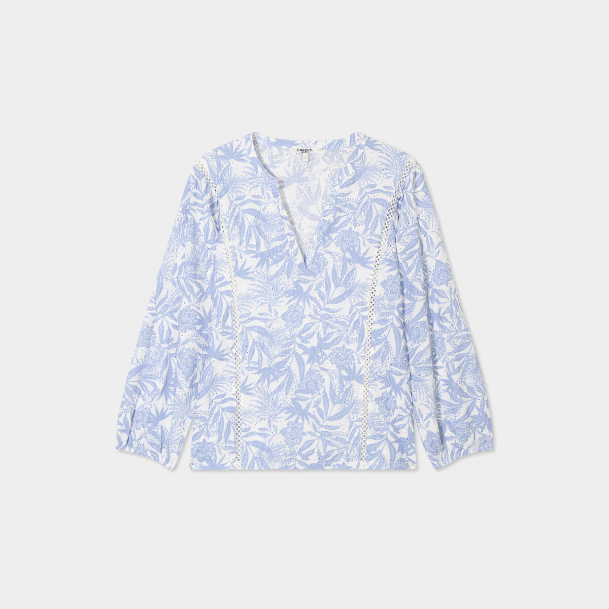T-shirt ajouré manches 3/4 col en V bleu lavande femme