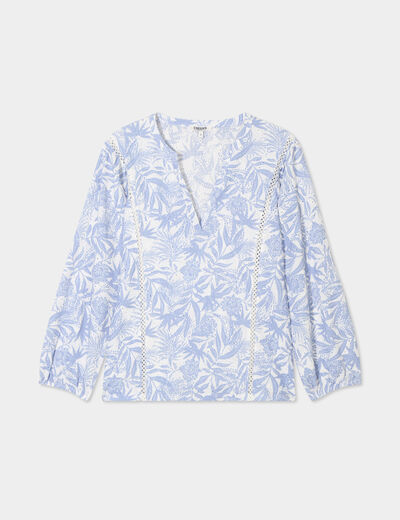 T-shirt ajouré manches 3/4 col en V bleu lavande femme